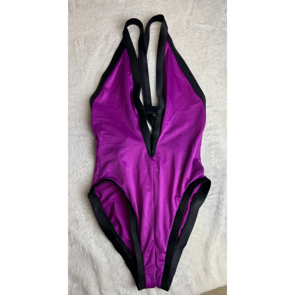 Vintage Avon Fashions 90s Bathing Suit Black Purple Union Made Size 9/10